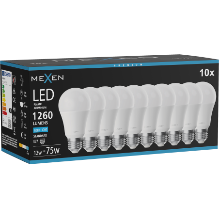 Mexen Nova 10x żarówka LED E27, A60, 12W, Zimna - 6500K, 1260 lm - L100-E27-1265-01x10