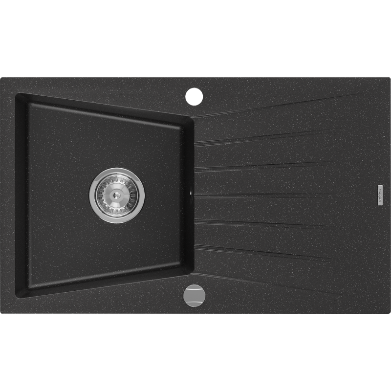 Mexen Cesar zlewozmywak granitowy 1-komorowy z ociekaczem 775 x 470 mm, czarny/srebrny metalik, syfon chrom - 6514771010-73