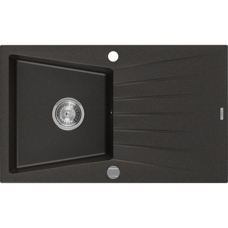 Mexen Cesar zlewozmywak granitowy 1-komorowy z ociekaczem 775 x 470 mm, czarny/złoty metalik, syfon chrom - 6514771010-75
