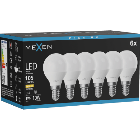 Mexen Nova 6x żarówka LED E14, G45, 1W, Ciepła - 3000K, 105 lm - L101-E14-0130-01x06
