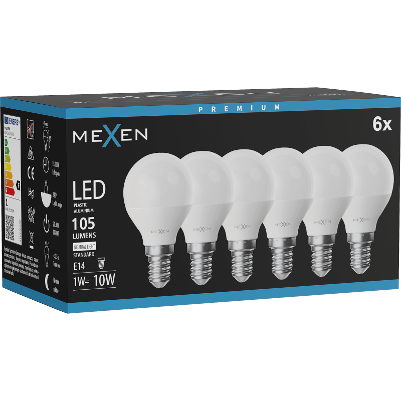 Mexen Nova 6x żarówka LED E14, G45, 1W, Neutralna - 4000K, 105 lm - L101-E14-0140-01x06