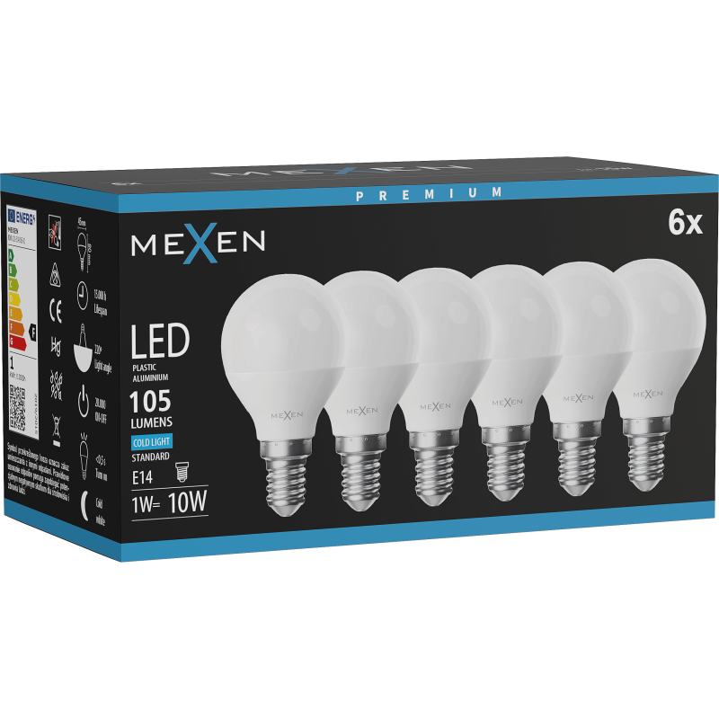 Mexen Nova 6x żarówka LED E14, G45, 1W, Zimna - 6500K, 105 lm - L101-E14-0165-01x06