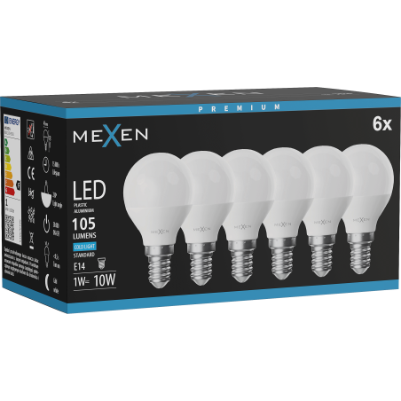 Mexen Nova 6x żarówka LED E14, G45, 1W, Zimna - 6500K, 105 lm - L101-E14-0165-01x06