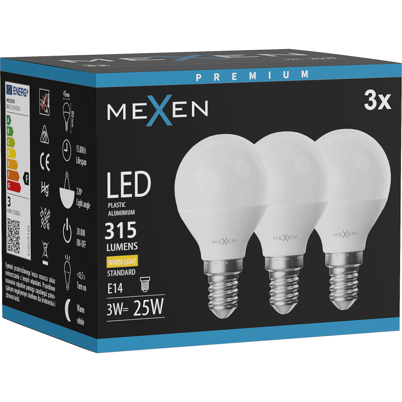 Mexen Nova 3x żarówka LED E14, G45, 3W, Ciepła - 3000K, 315 lm - L101-E14-0330-01x03