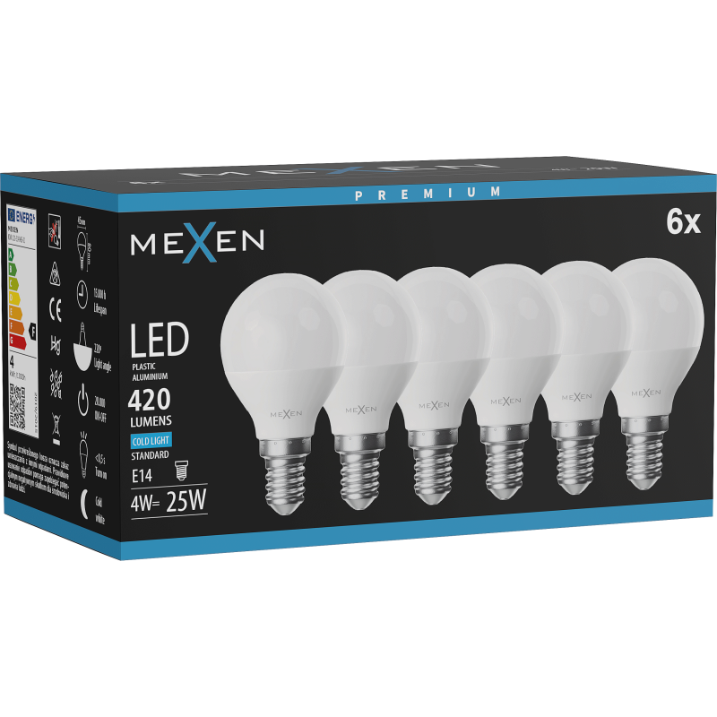 Mexen Nova 6x żarówka LED E14, G45, 4W, Zimna - 6500K, 420 lm - L101-E14-0465-01x06