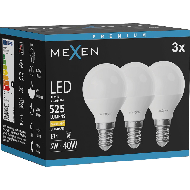 Mexen Nova 3x żarówka LED E14, G45, 5W, Ciepła - 3000K, 525 lm - L101-E14-0530-01x03