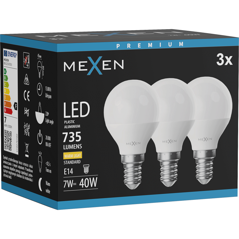 Mexen Nova 3x żarówka LED E14, G45, 7W, Ciepła - 3000K, 735 lm - L101-E14-0730-01x03