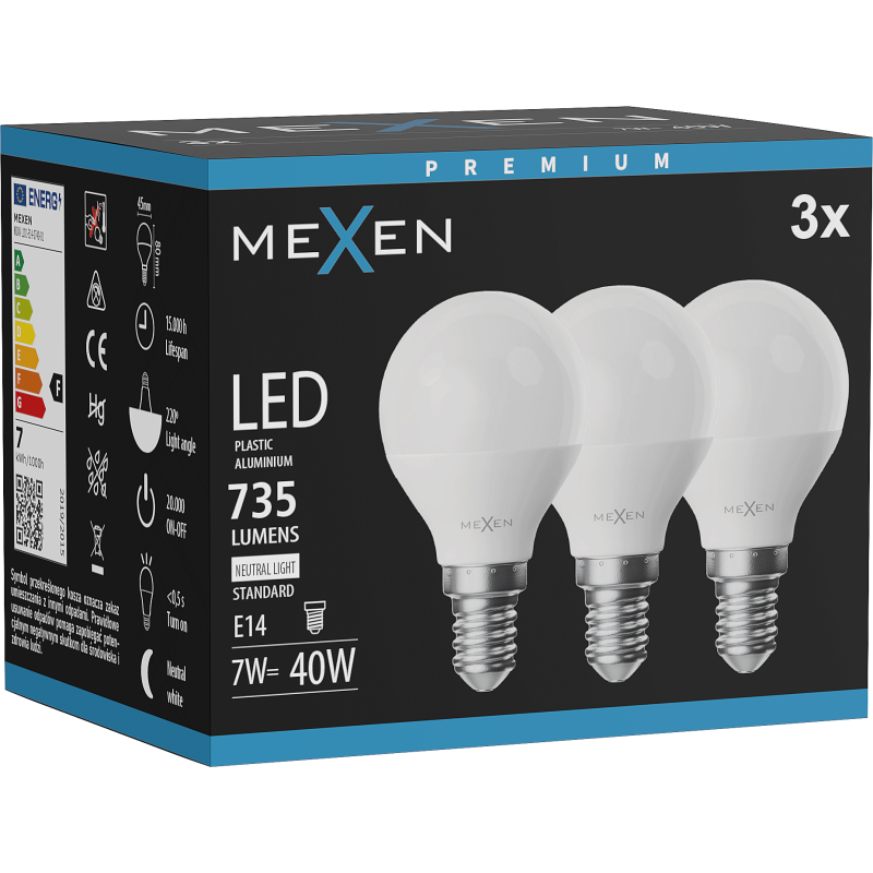 Mexen Nova 3x żarówka LED E14, G45, 7W, Neutralna - 4000K, 735 lm - L101-E14-0740-01x03