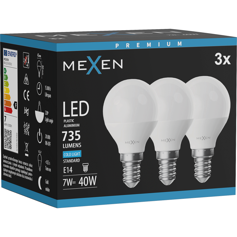 Mexen Nova 3x żarówka LED E14, G45, 7W, Zimna - 6500K, 735 lm - L101-E14-0765-01x03