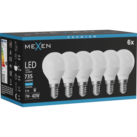 Mexen Nova 6x żarówka LED E14, G45, 7W, Zimna - 6500K, 735 lm - L101-E14-0765-01x06