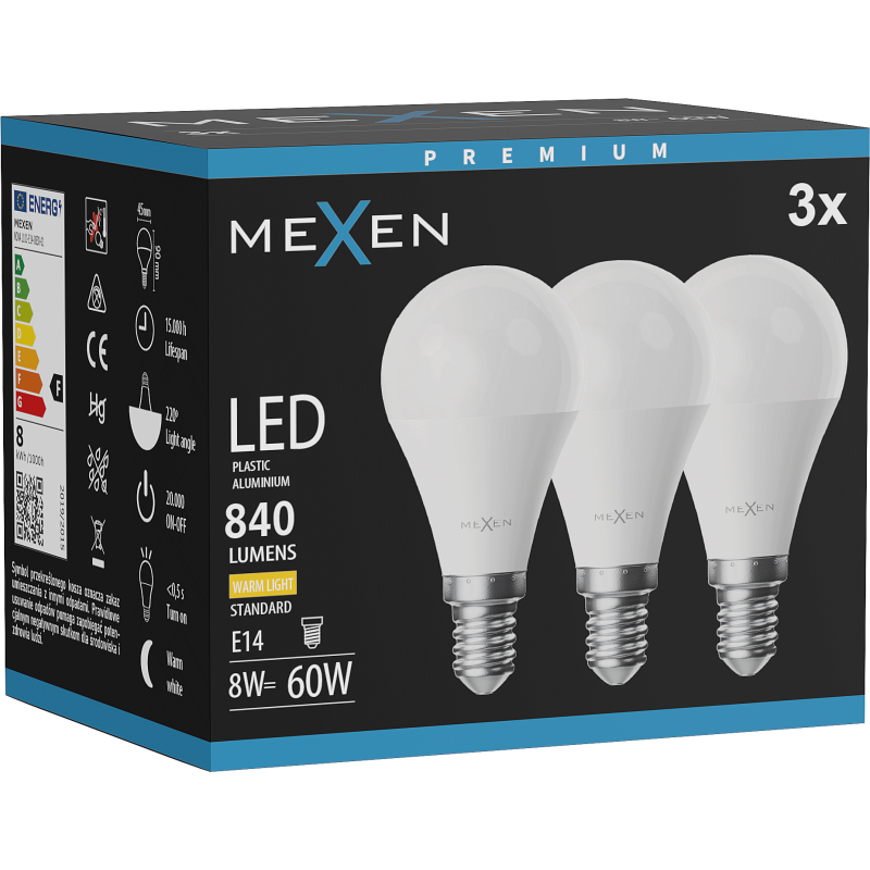 Mexen Nova 3x żarówka LED E14, G45, 8W, Ciepła - 3000K, 840 lm - L101-E14-0830-01x03