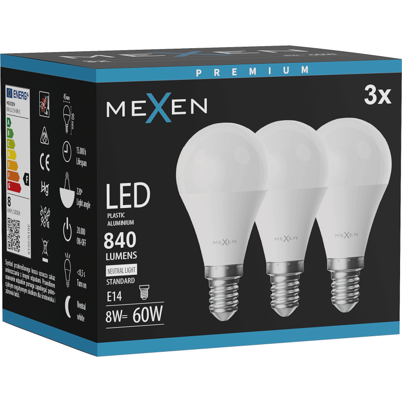 Mexen Nova 3x żarówka LED E14, G45, 8W, Neutralna - 4000K, 840 lm - L101-E14-0840-01x03