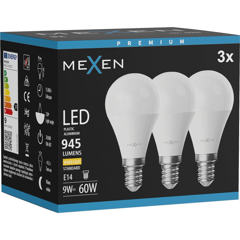Mexen Nova 3x żarówka LED E14, G45, 9W, Ciepła - 3000K, 945 lm - L101-E14-0930-01x03