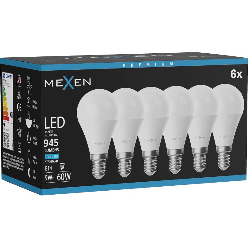 Mexen Nova 6x żarówka LED E14, G45, 9W, Zimna - 6500K, 945 lm - L101-E14-0965-01x06