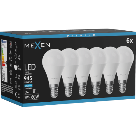 Mexen Nova 6x żarówka LED E14, G45, 9W, Zimna - 6500K, 945 lm - L101-E14-0965-01x06