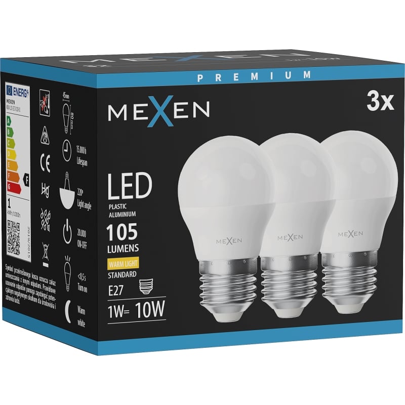 Mexen Nova 3x żarówka LED E27, G45, 1W, Ciepła - 3000K, 105 lm - L101-E27-0130-01x03
