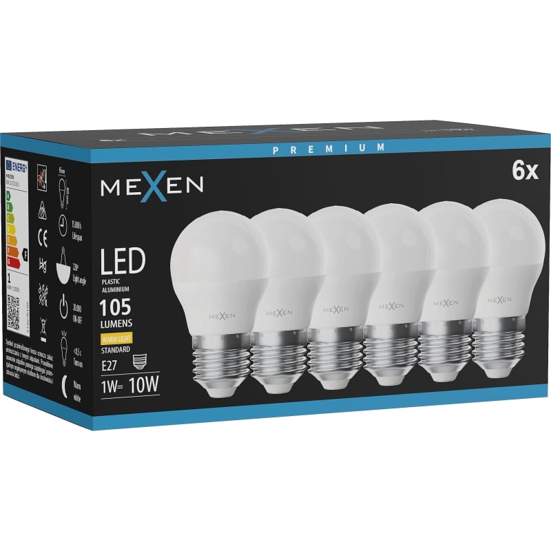 Mexen Nova 6x żarówka LED E27, G45, 1W, Ciepła - 3000K, 105 lm - L101-E27-0130-01x06