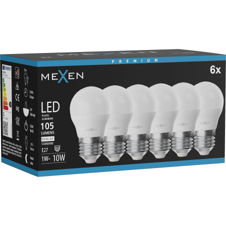 Mexen Nova 6x żarówka LED E27, G45, 1W, Neutralna - 4000K, 105 lm - L101-E27-0140-01x06