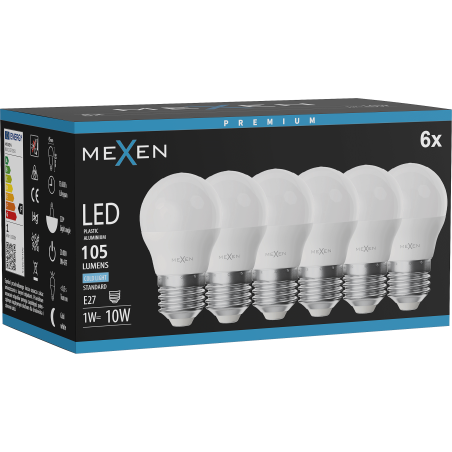 Mexen Nova 6x żarówka LED E27, G45, 1W, Zimna - 6500K, 105 lm - L101-E27-0165-01x06
