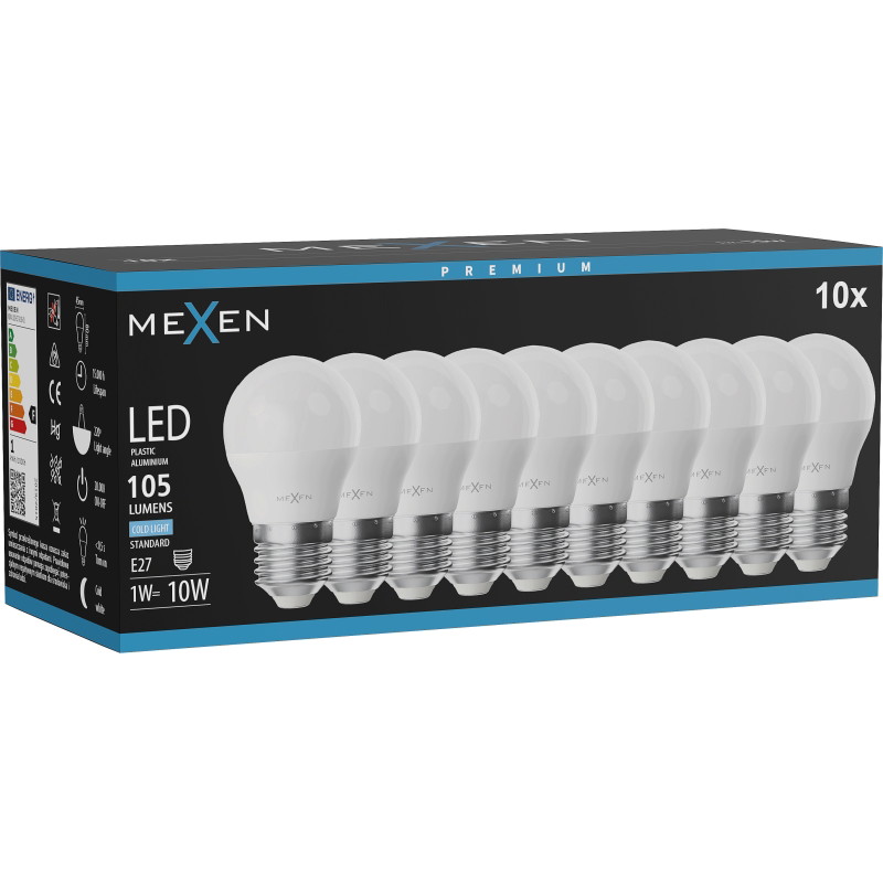 Mexen Nova 10x żarówka LED E27, G45, 1W, Zimna - 6500K, 105 lm - L101-E27-0165-01x10