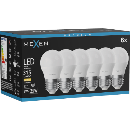Mexen Nova 6x żarówka LED E27, G45, 3W, Ciepła - 3000K, 315 lm - L101-E27-0330-01x06