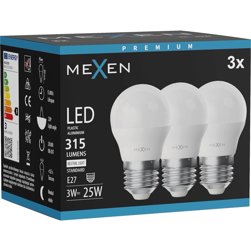 Mexen Nova 3x żarówka LED E27, G45, 3W, Neutralna - 4000K, 315 lm - L101-E27-0340-01x03