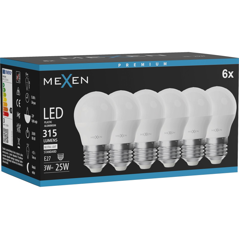 Mexen Nova 6x żarówka LED E27, G45, 3W, Neutralna - 4000K, 315 lm - L101-E27-0340-01x06
