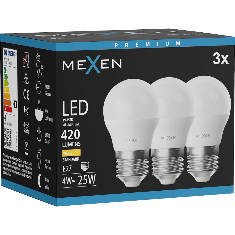 Mexen Nova 3x żarówka LED E27, G45, 4W, Ciepła - 3000K, 420 lm - L101-E27-0430-01x03