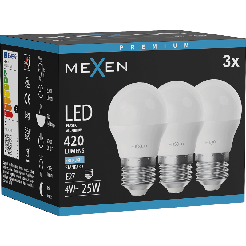 Mexen Nova 3x żarówka LED E27, G45, 4W, Zimna - 6500K, 420 lm - L101-E27-0465-01x03