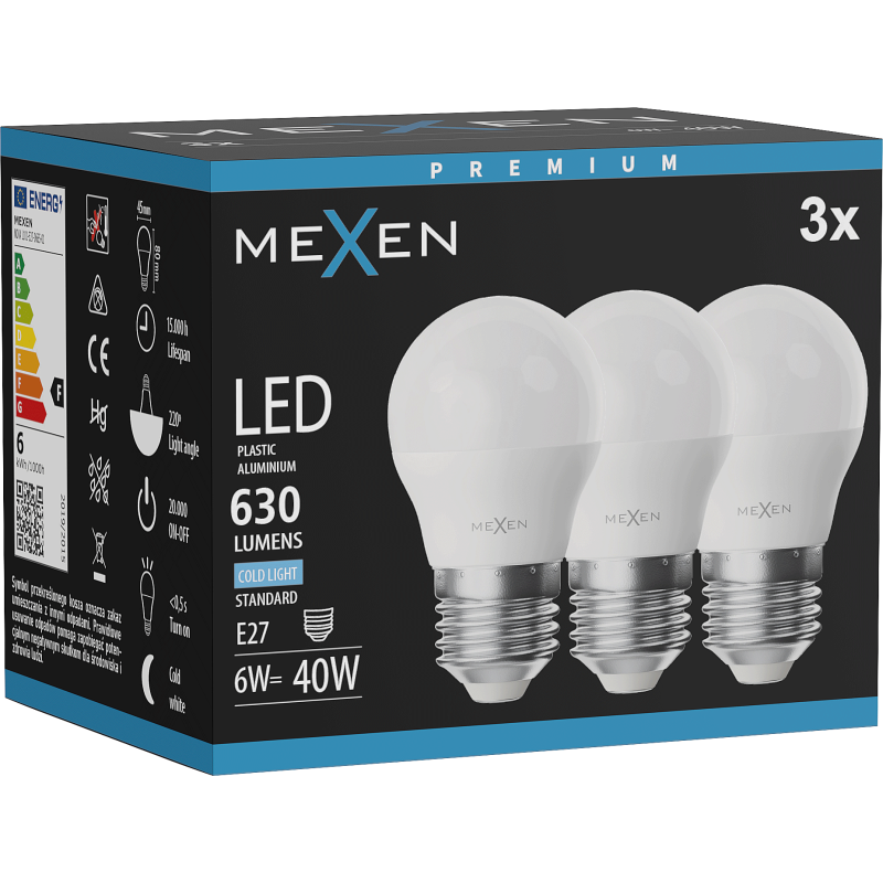 Mexen Nova 3x żarówka LED E27, G45, 6W, Zimna - 6500K, 630 lm - L101-E27-0665-01x03