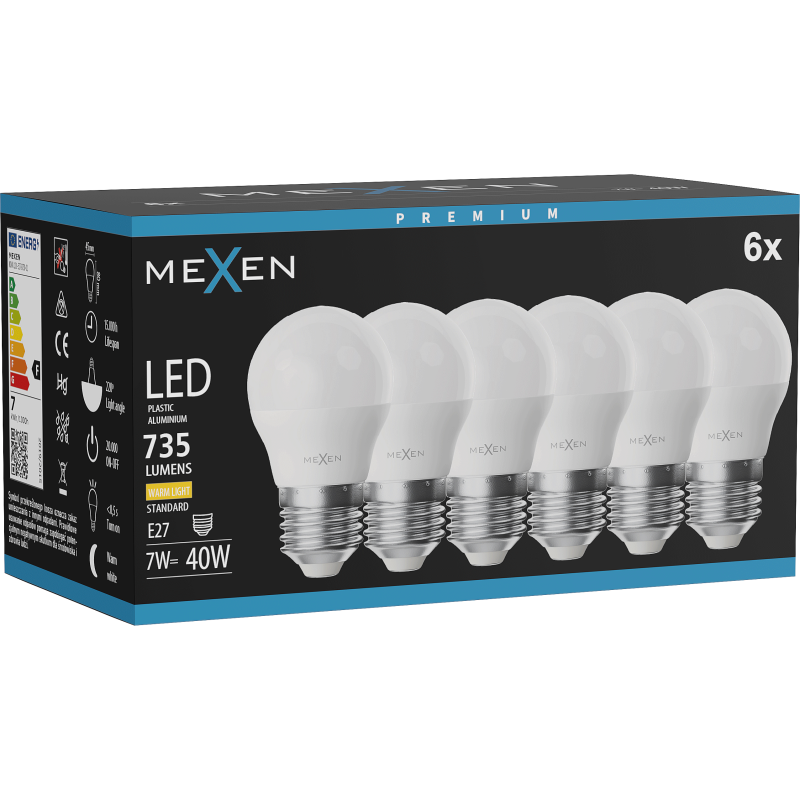Mexen Nova 6x żarówka LED E27, G45, 7W, Ciepła - 3000K, 735 lm - L101-E27-0730-01x06