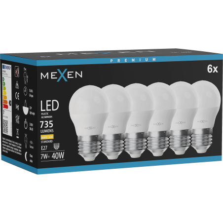 Mexen Nova 6x żarówka LED E27, G45, 7W, Ciepła - 3000K, 735 lm - L101-E27-0730-01x06