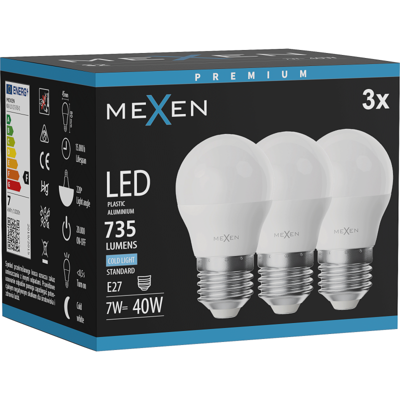 Mexen Nova 3x żarówka LED E27, G45, 7W, Zimna - 6500K, 735 lm - L101-E27-0765-01x03