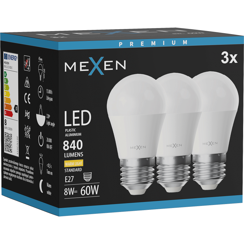 Mexen Nova 3x żarówka LED E27, G45, 8W, Ciepła - 3000K, 840 lm - L101-E27-0830-01x03