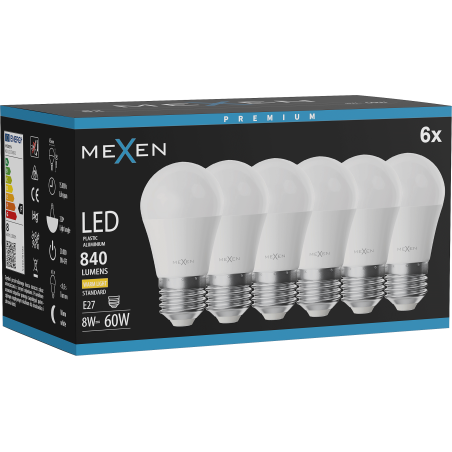 Mexen Nova 6x żarówka LED E27, G45, 8W, Ciepła - 3000K, 840 lm - L101-E27-0830-01x06
