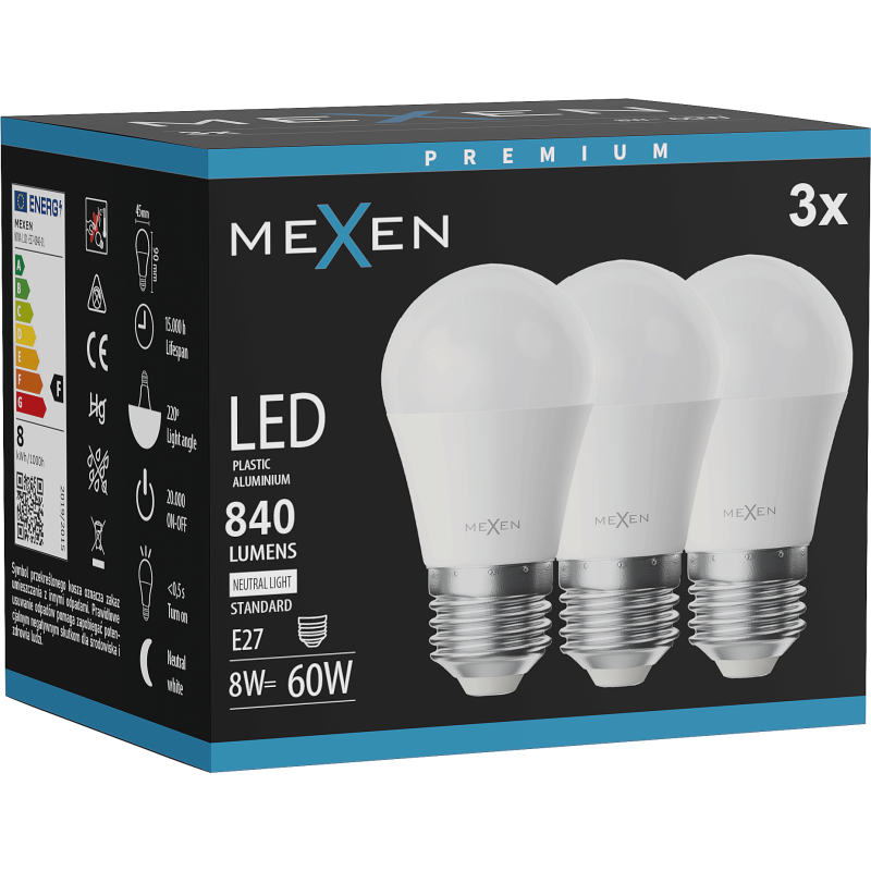 Mexen Nova 3x żarówka LED E27, G45, 8W, Neutralna - 4000K, 840 lm - L101-E27-0840-01x03