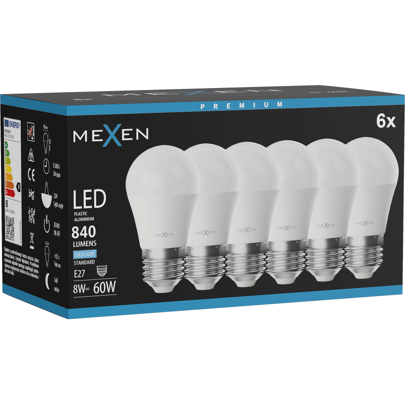 Mexen Nova 6x żarówka LED E27, G45, 8W, Zimna - 6500K, 840 lm - L101-E27-0865-01x06