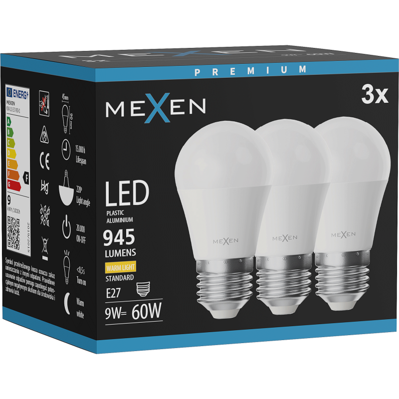 Mexen Nova 3x żarówka LED E27, G45, 9W, Ciepła - 3000K, 945 lm - L101-E27-0930-01x03