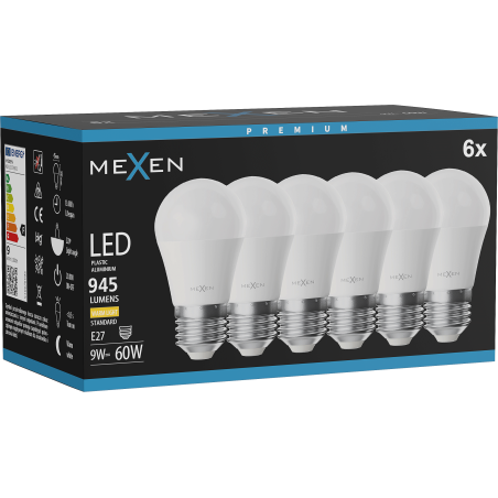 Mexen Nova 6x żarówka LED E27, G45, 9W, Ciepła - 3000K, 945 lm - L101-E27-0930-01x06