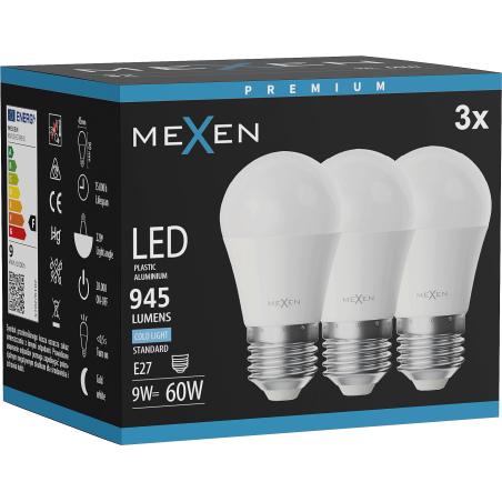 Mexen Nova 3x żarówka LED E27, G45, 9W, Zimna - 6500K, 945 lm - L101-E27-0965-01x03