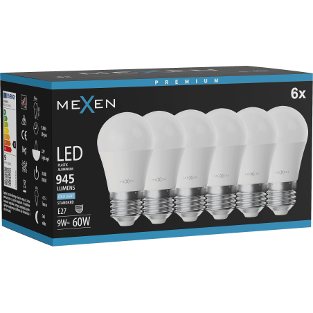 Mexen Nova 6x żarówka LED E27, G45, 9W, Zimna - 6500K, 945 lm - L101-E27-0965-01x06