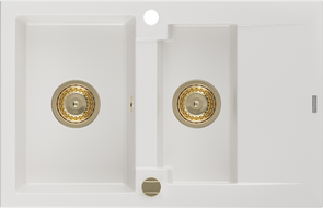 Mexen Gaspar zlewozmywak granitowy 1,5-komorowy z ociekaczem 737 x 475 mm, biały, syfon złoty - 6507731505-20-G