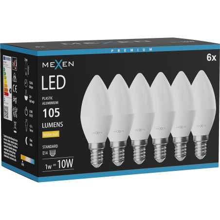 Mexen Nova 6x żarówka LED E14, C37, 1W, Ciepła - 3000K, 105 lm - L102-E14-0130-01x06