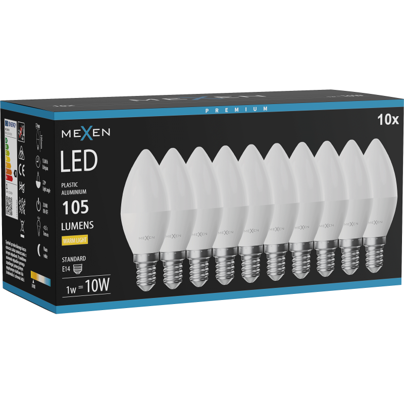 Mexen Nova 10x żarówka LED E14, C37, 1W, Ciepła - 3000K, 105 lm - L102-E14-0130-01x10