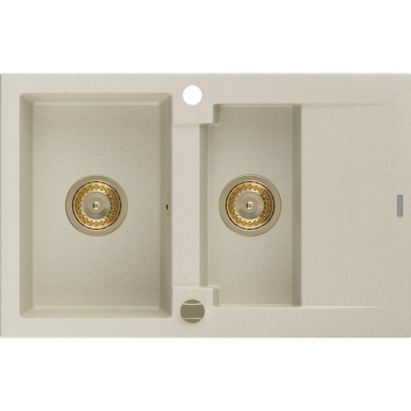 Mexen Gaspar zlewozmywak granitowy 1,5-komorowy z ociekaczem 737 x 475 mm, beżowy, syfon złoty - 6507731505-69-G