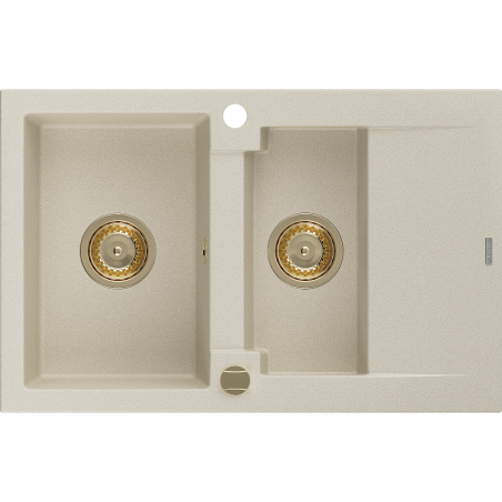 Mexen Gaspar zlewozmywak granitowy 1,5-komorowy z ociekaczem 737 x 475 mm, beżowy, syfon złoty - 6507731505-69-G