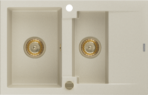 Mexen Gaspar zlewozmywak granitowy 1,5-komorowy z ociekaczem 737 x 475 mm, beżowy, syfon złoty - 6507731505-69-G