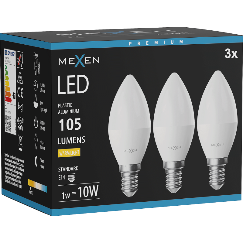 Mexen Nova 3x żarówka LED E14, C37, 1W, Neutralna - 4000K, 105 lm - L102-E14-0140-01x03