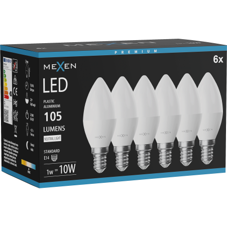 Mexen Nova 6x żarówka LED E14, C37, 1W, Neutralna - 4000K, 105 lm - L102-E14-0140-01x06