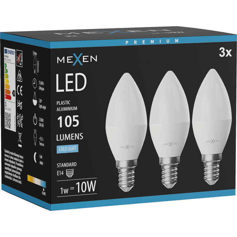 Mexen Nova 3x żarówka LED E14, C37, 1W, Zimna - 6500K, 105 lm - L102-E14-0165-01x03
